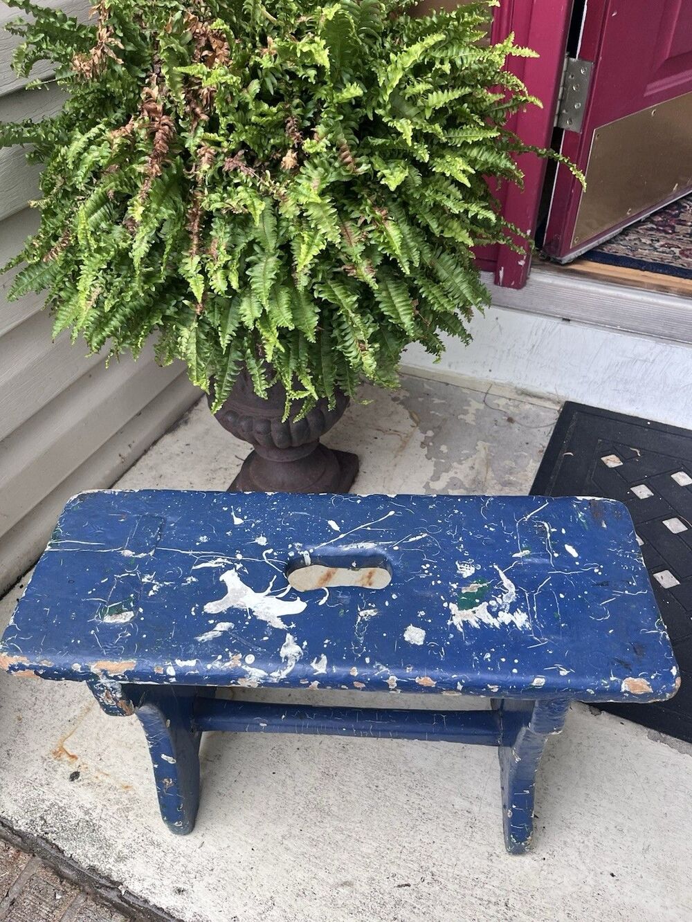Antique Primitive Blue Splattered Stool Early 1900’s Rustic Chippy Cottage Home